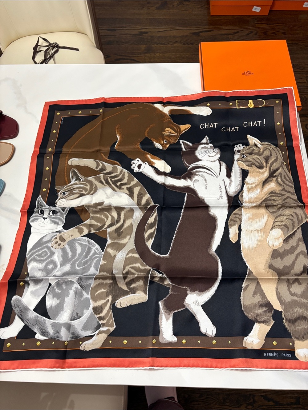Hermes Cat Dance Silk Scarf - Black, Brown & Coral scarf 70 - Picture 6 of 10